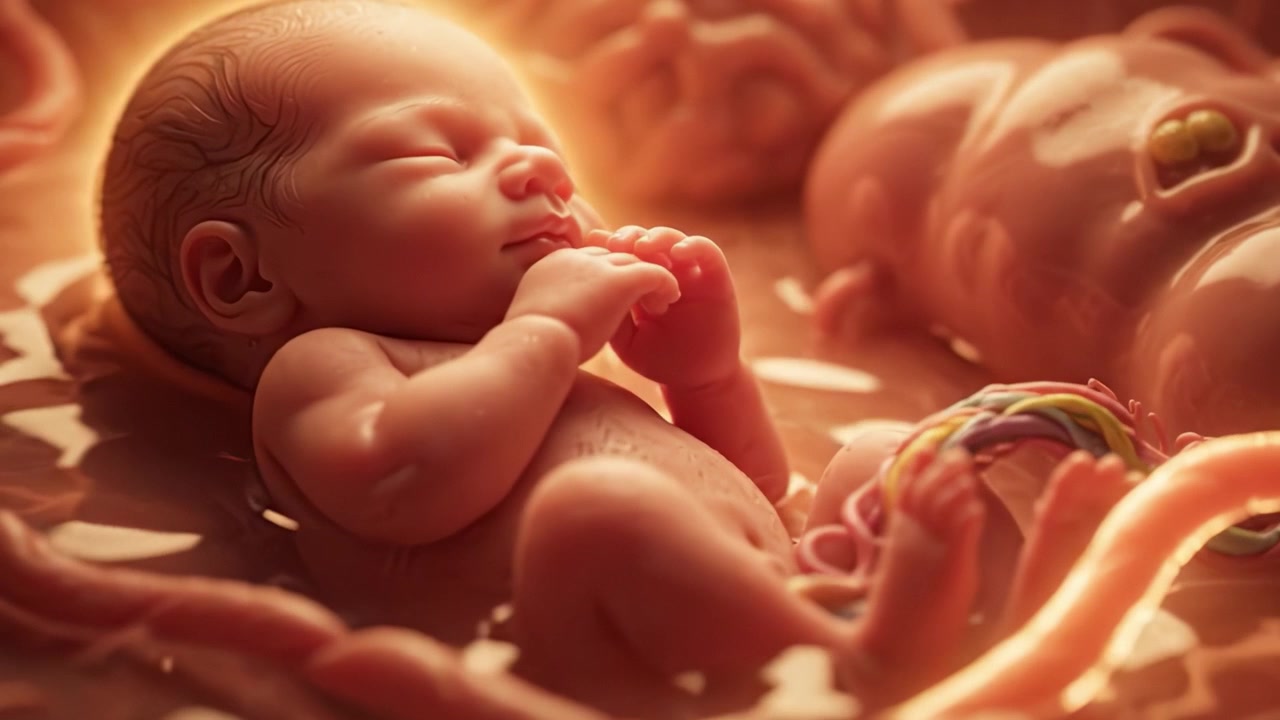 Una scena tranquilla di un neonato circondato da un bagliore caldo ed etereo e da elementi organici, a simboleggiare il miracolo della vita e i nuovi inizi.