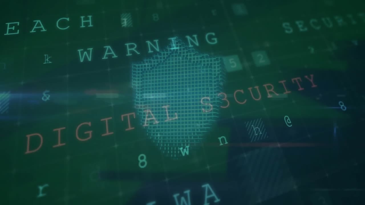 Animation of cyber security warning text and padlock over office