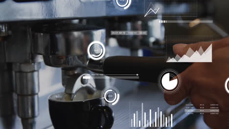 commercial espresso machine portafilter pouring coffee into black cup, showing digital hud overlays