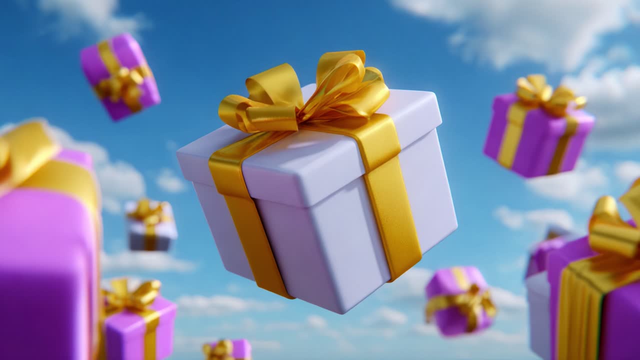 A vibrant and colorful scene showcasing floating gift boxes, elegantly wrapped in pastel colors and adorned with shiny ribbons against a bright blue sky, evoking feelings of celebration and joy