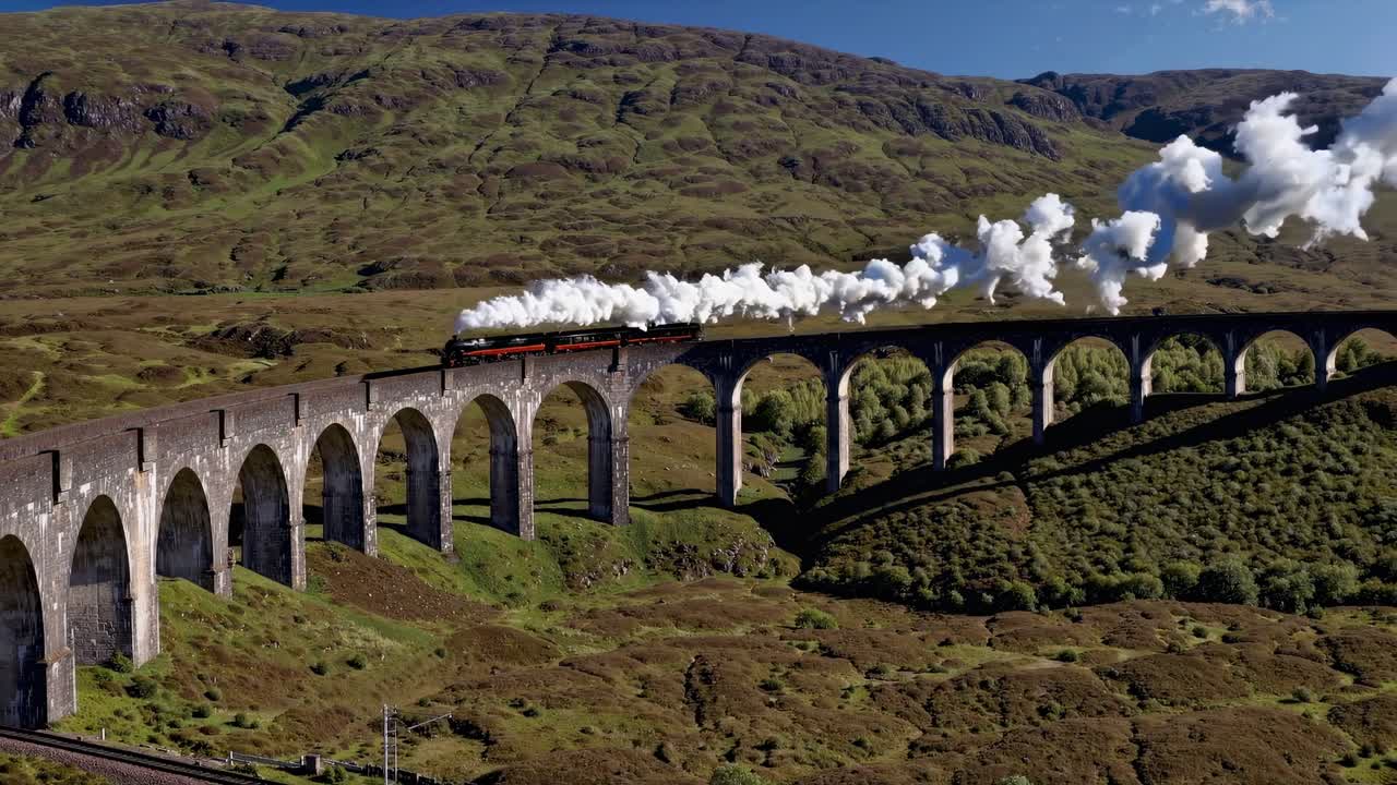 Aerial view of a steam train crossing a scenic viaduct, surrounded by lush hills