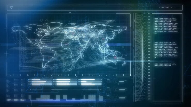 Animation of digital data processing and world map over screen