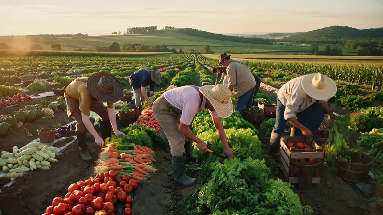 Arriving five farm workers harvesting carrots and lettuce in vegetable field, filling wooden crates