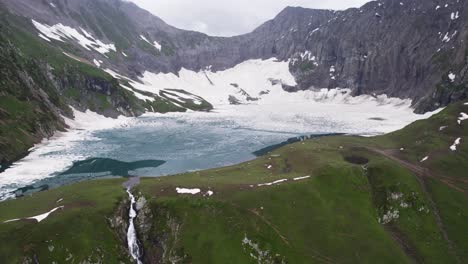 hermoso lago alpino con manchas de nieve rodeadas de glaciares y una cascada delante de él