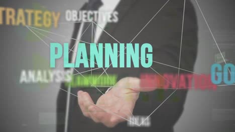 animación de texto de gestión empresarial sobre empresario utilizando interfaz y procesamiento de datos