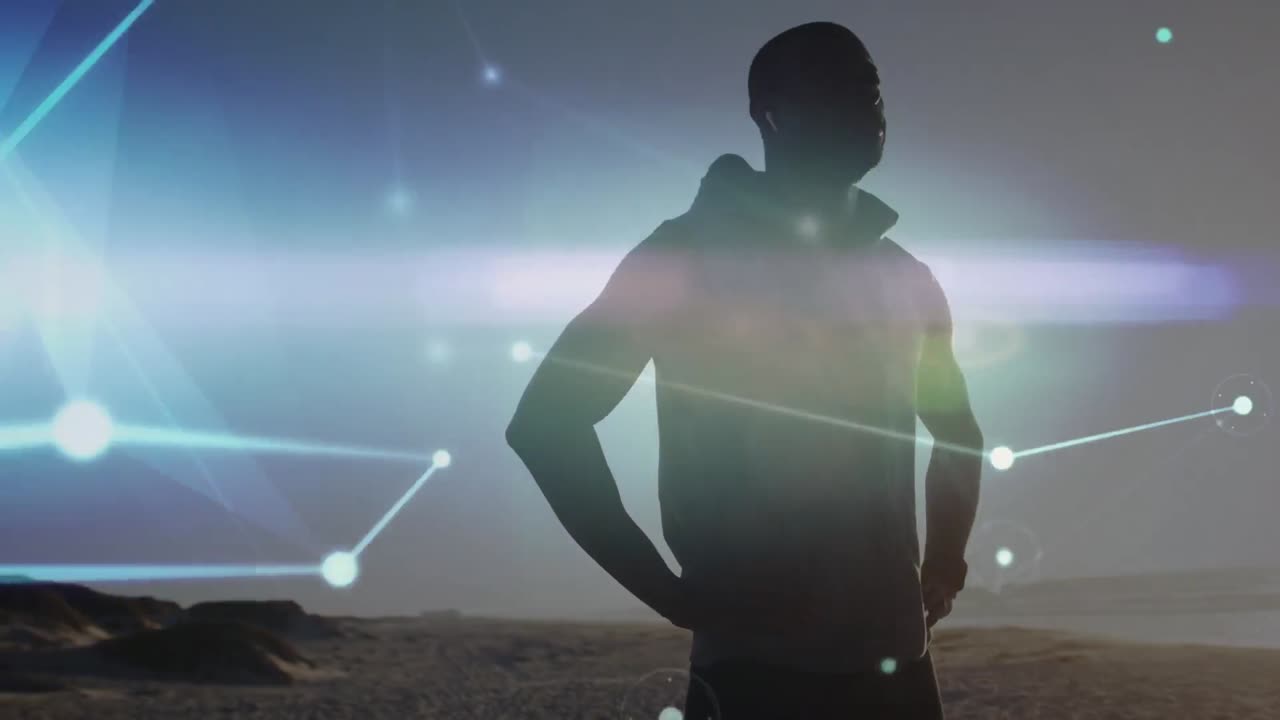 해변에 있는 아프리카계 미국인 남성에 대한 아이콘과 연결된 네트워크의 애니메이션