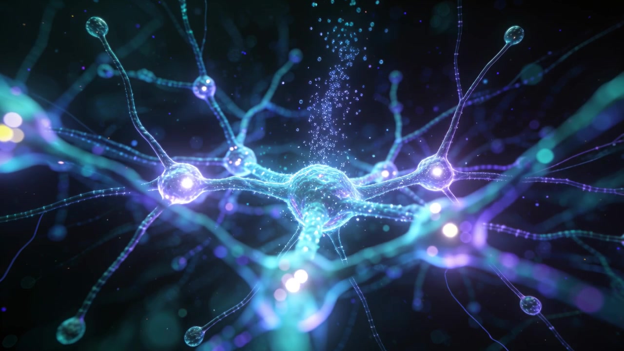 Pulsing neuronlike soma sending upward particle stream as column rising in neural-net, filaments