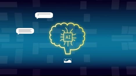Animation-of-brain-with-speech-bubbles-and-ai-text-over-landscape-icons-on-blue-background