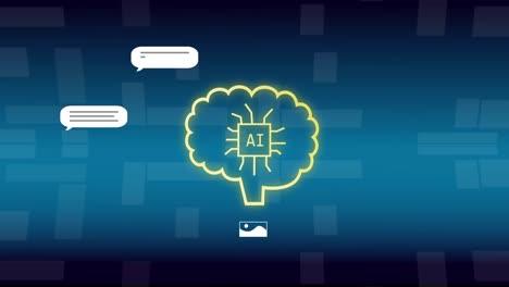 animación del cerebro con burbujas de habla y texto sobre iconos de paisaje sobre fondo azul