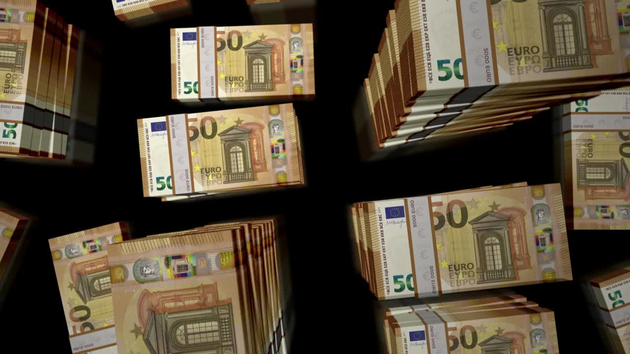 3D-Flug über Euro-Geldscheinbündel Endlosanimation