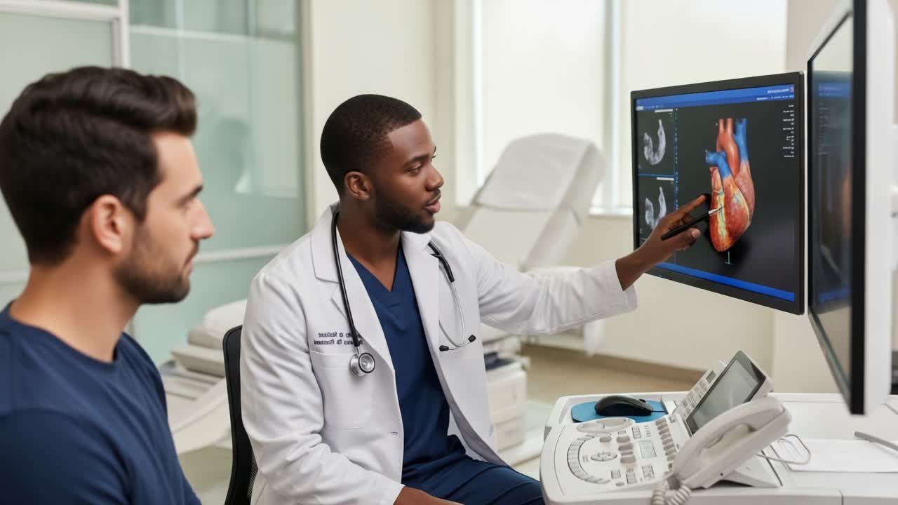 A Compassionate Medical Consultation: Doctor Explains Heart Health to Patient Using Detailed Imaging in a Modern Healthcare Setting