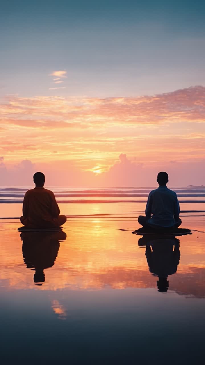 Two Individuals Meditate by the Seashore at Sunrise, Embracing Tranquility and Reflection Amidst Breathtaking Natural Beauty and Serene Waters