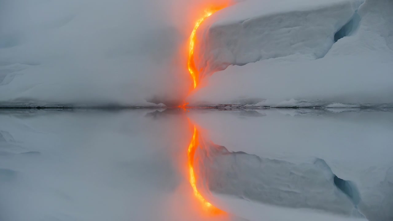 Fessura arancione pulsante che si muove attraverso il ghiaccio a filo d'acqua, ghiaccio che si scioglie e si riflette sull'acqua calma.