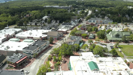 aerial fly over drone footage, freeport downtown, maine, usa