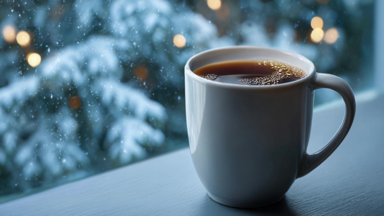 Una tazza calda di caffè fumante posata accanto a una finestra ghiacciata, circondata da neve scintillante e l'accogliente atmosfera delle delizie invernali