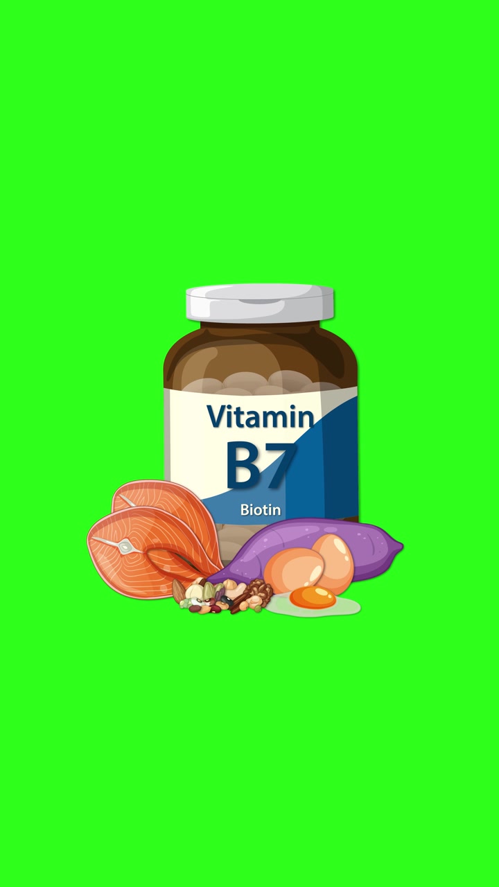 Flacone di integratore di Vitamina B7 con alimenti ricchi di biotina appare su uno sfondo verde brillante, transizioni fluide.