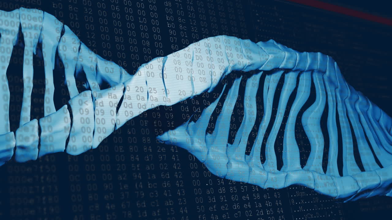 Animation of dna strand over processing data on dark background