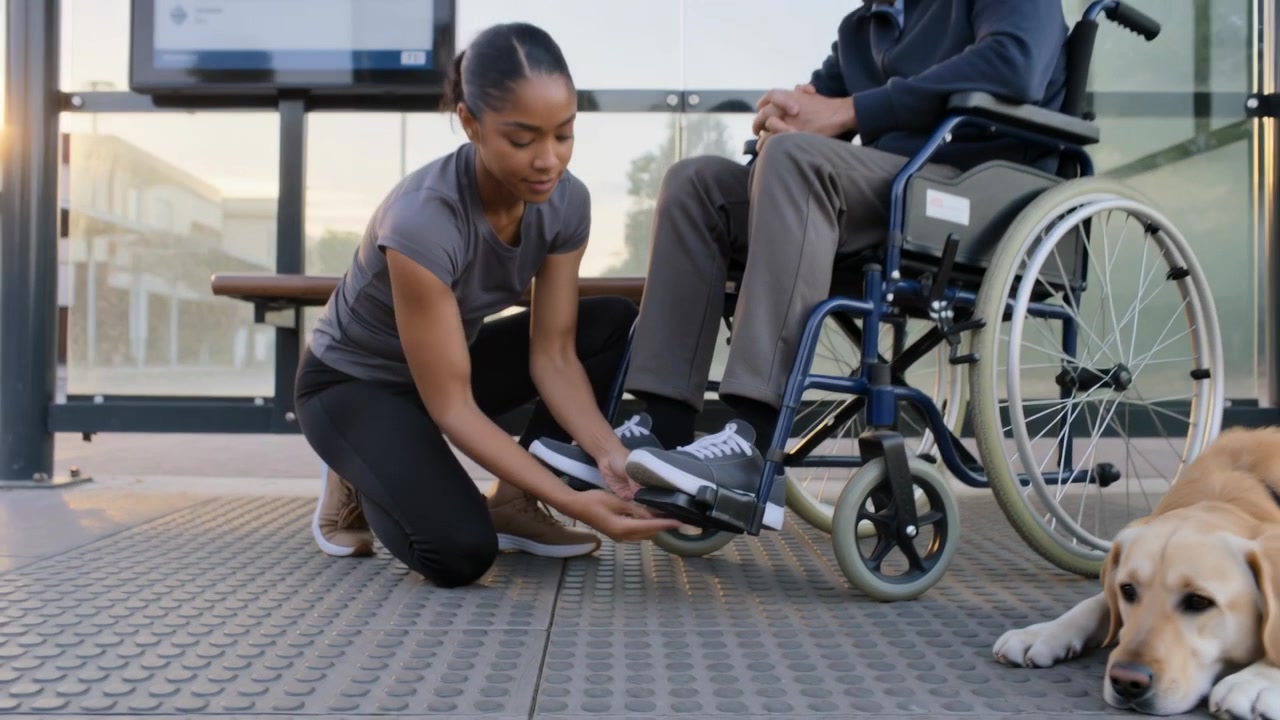 Preparing to board, caregiver fastening wheelchair foot strap at bus stop, gray tee and dog harness