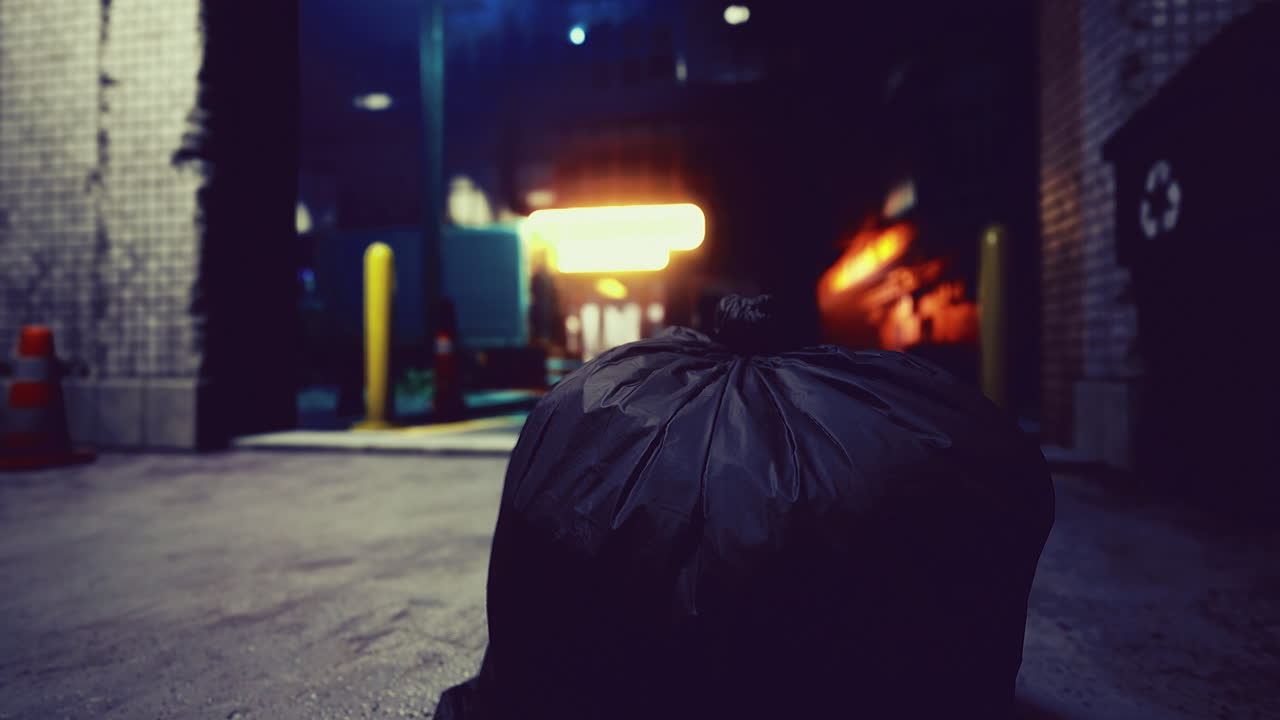 Ambientazione urbana con un sacco della spazzatura nero vicino a un vicolo scarsamente illuminato di notte.