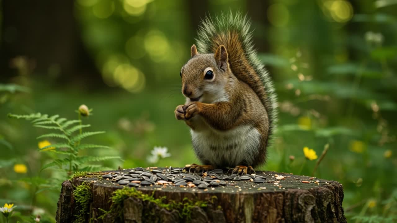 Adorabile Scoiattolo che Gode di Semi di Girasole su un Ceppo d'Albero Circondato da una Natura Vibrante, Catturato in Due Fotogrammi che Mostrano il Suo Delizioso Comportamento