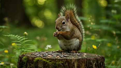 Adorable Squirrel Enjoying Sunflower Seeds on a Tree Stump Surrounded by Vibrant Nature, Captured in Two Frames Showing Its Delightful Behavior
