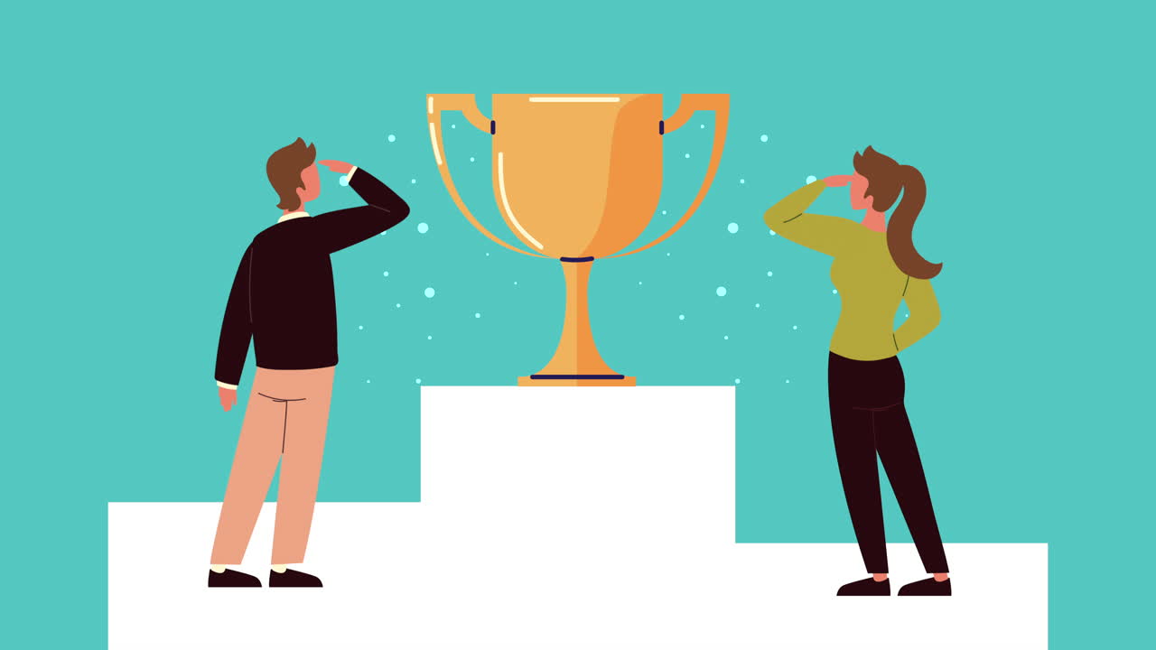 una pareja mirando hacia el futuro con una copa de trofeo.