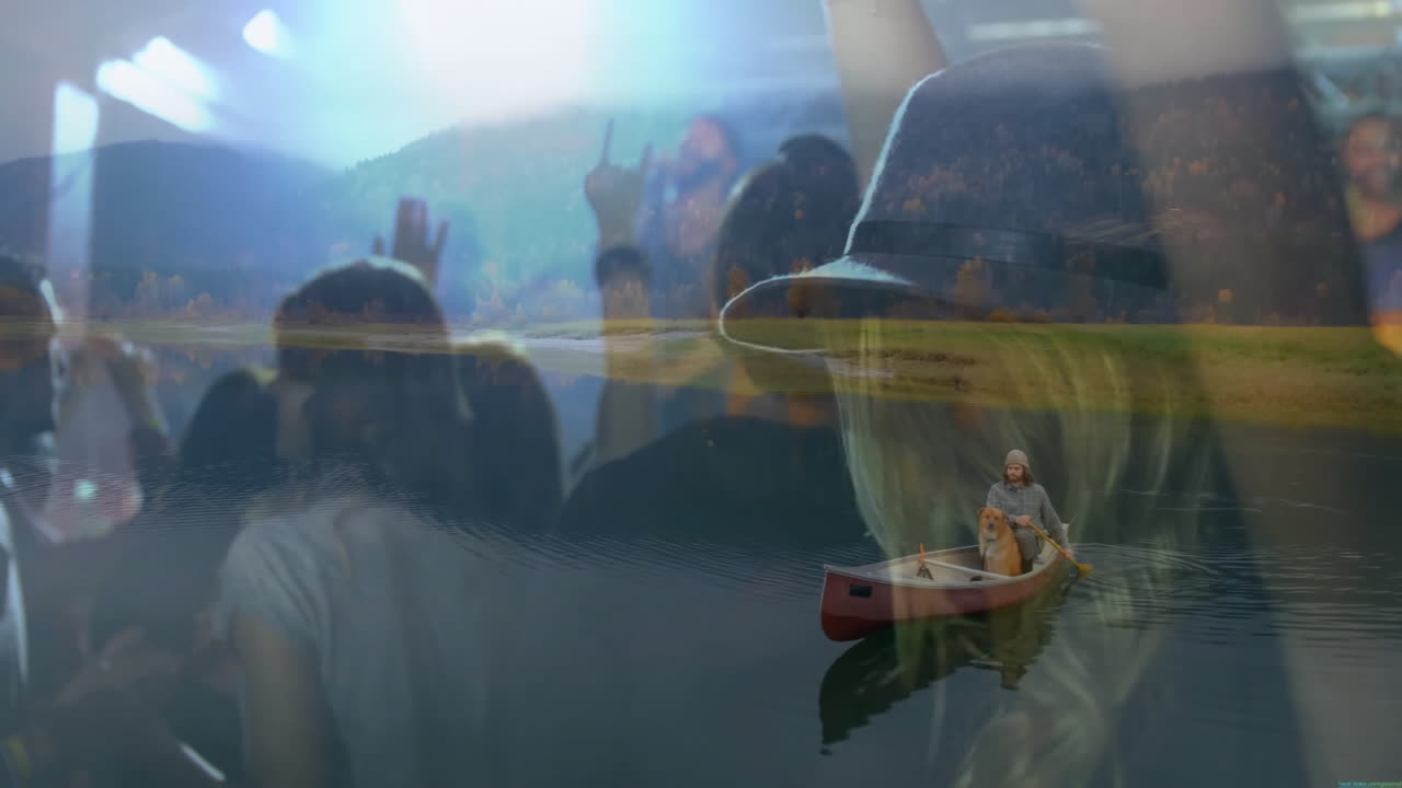 Concertgoers dancing under stage lights merging with man paddling canoe using technology overlays