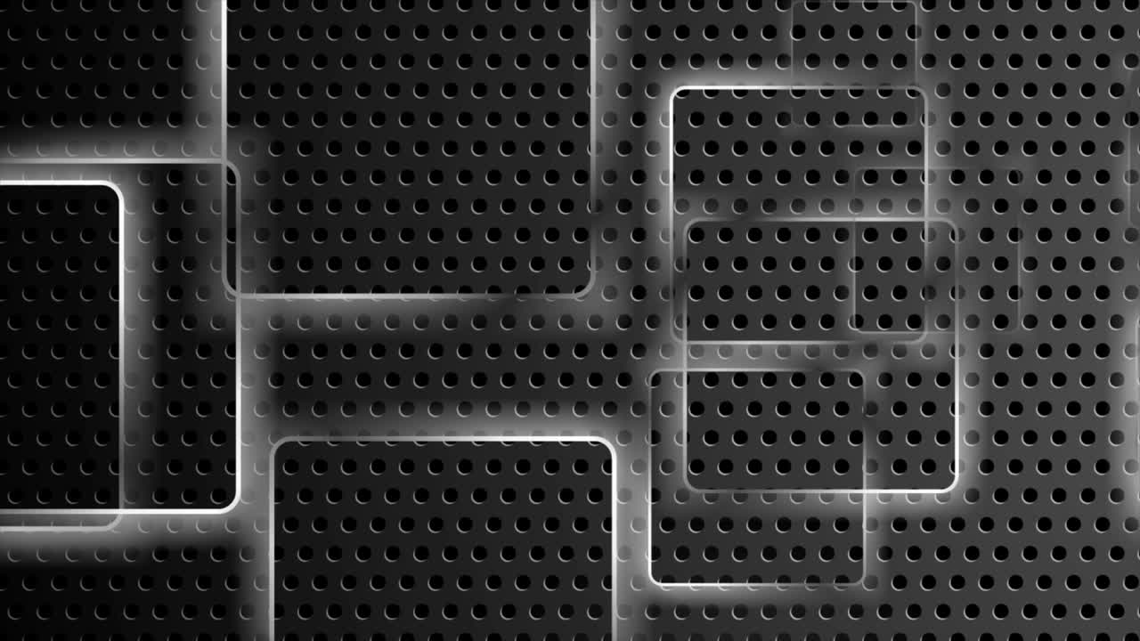 cuadrados metálicos en movimiento grises sobre un fondo perforado oscuro