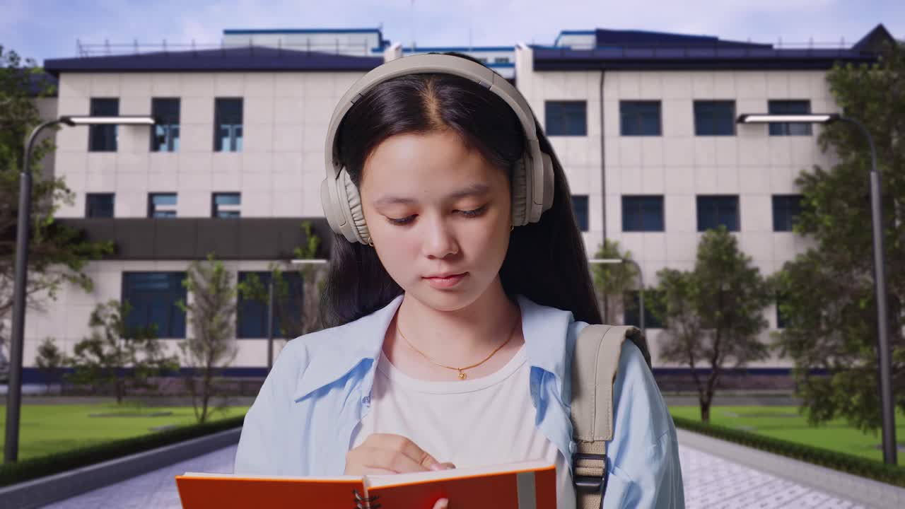 학교 건물 앞에 서서 헤드폰을 착용하고 노트북에 메모를 취하는 배을 가진 아시아 십대 소녀 학생의 클로즈업