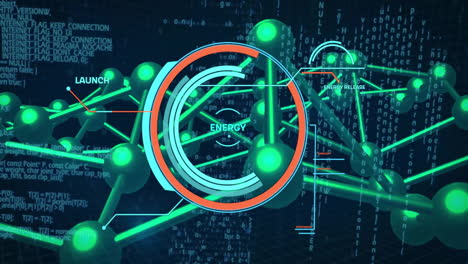 circular digital interface animation over green network connections and binary code