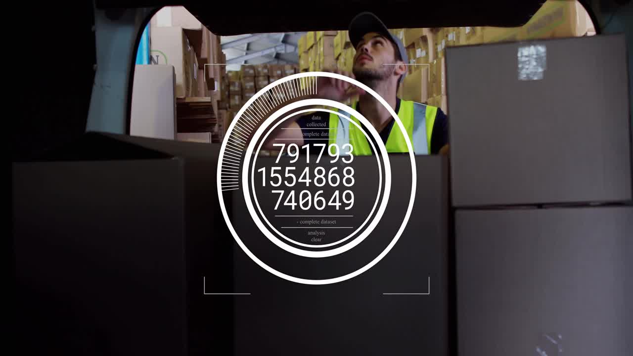 Animation of changing numbers in circles over caucasian man placing boxes in vehicle at warehouse