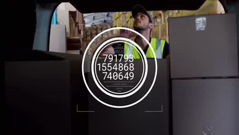 animation of changing numbers in circles over caucasian man placing boxes in vehicle at warehouse