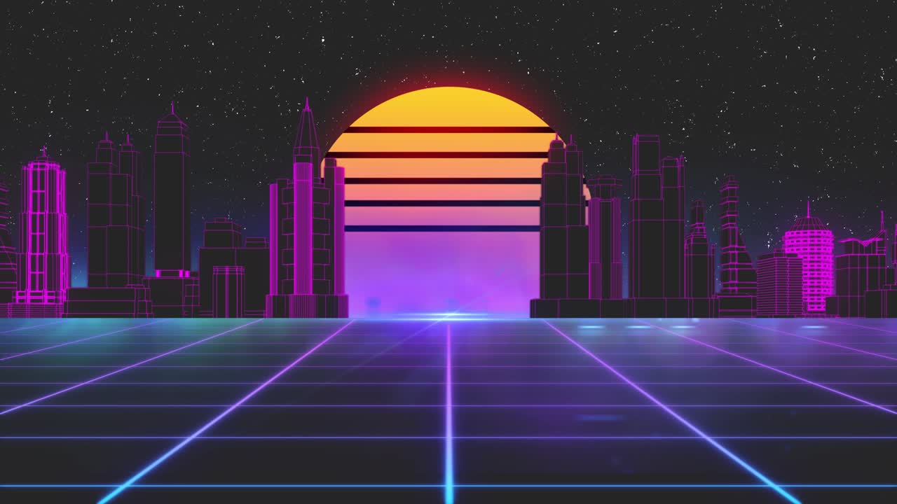 Stylized vintage 3D animation background with modern city, sun and glowing stars. 80s retro futuristic sci-fi seamless loop