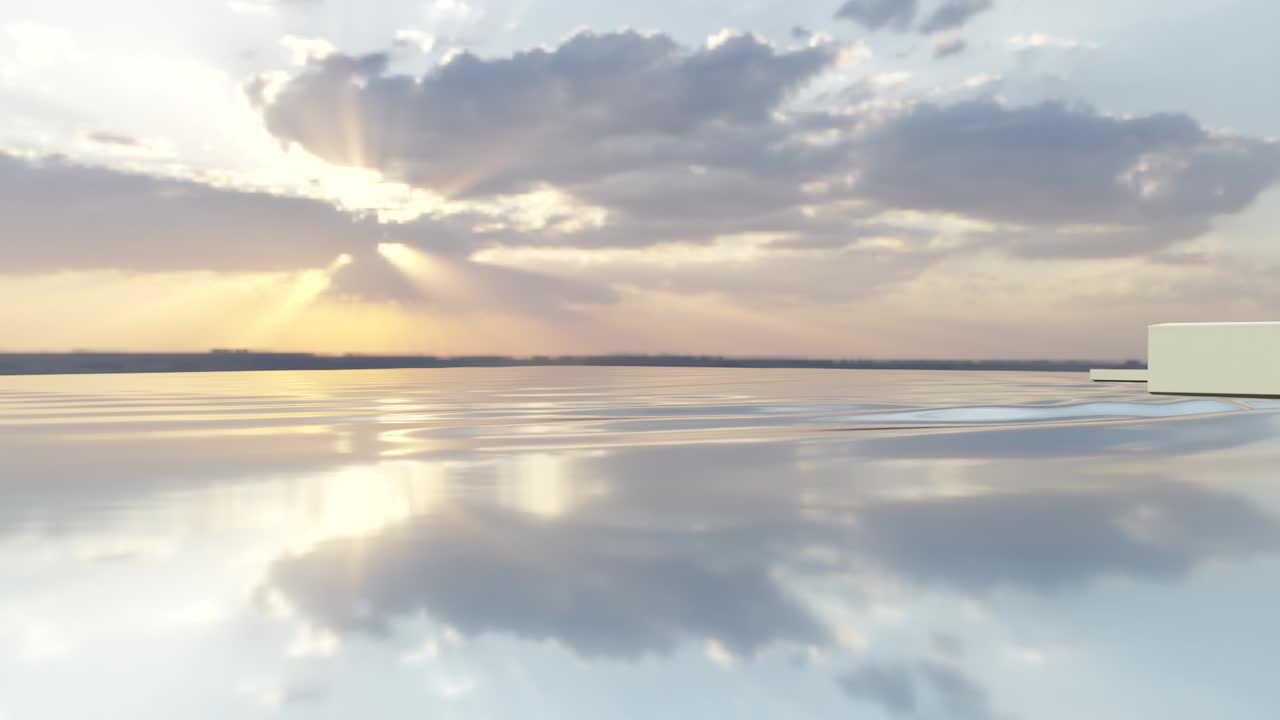 3D animation art of a speedboat crossing a calm cove.