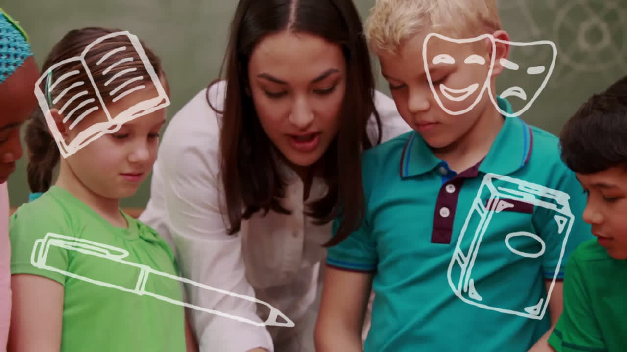animación de iconos escolares sobre diversos escolares y maestras en el aula