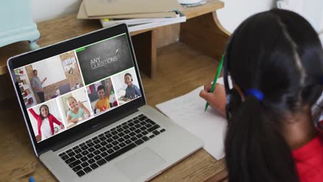 Schoolgirl-using-laptop-for-online-lesson-at-home,-with-diverse-teacher-and-class-on-screen