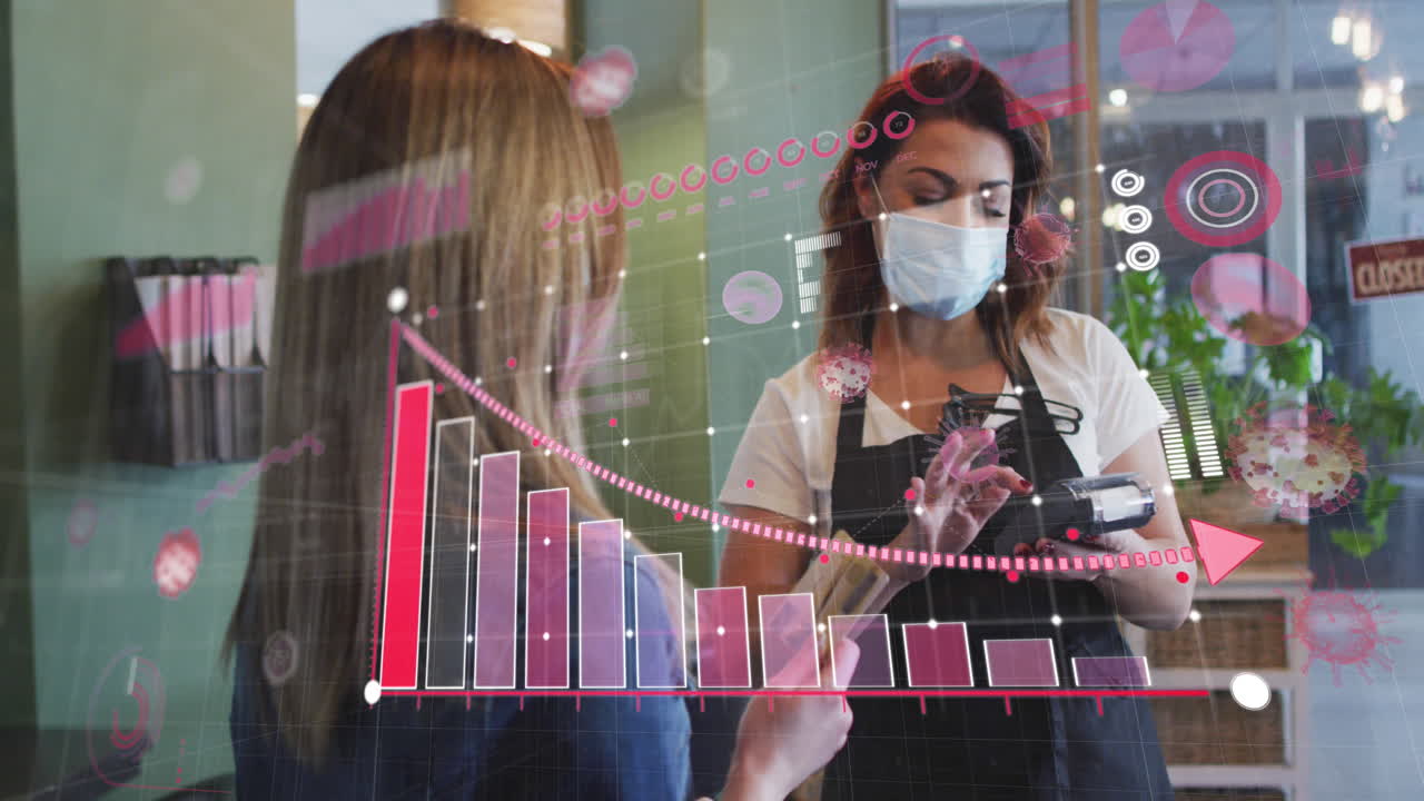 animación del procesamiento de datos sobre una peluquera caucásica y una mujer que usa máscaras faciales