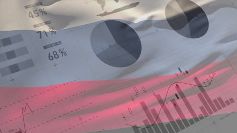 animación del procesamiento de datos financieros sobre la bandera de rusia