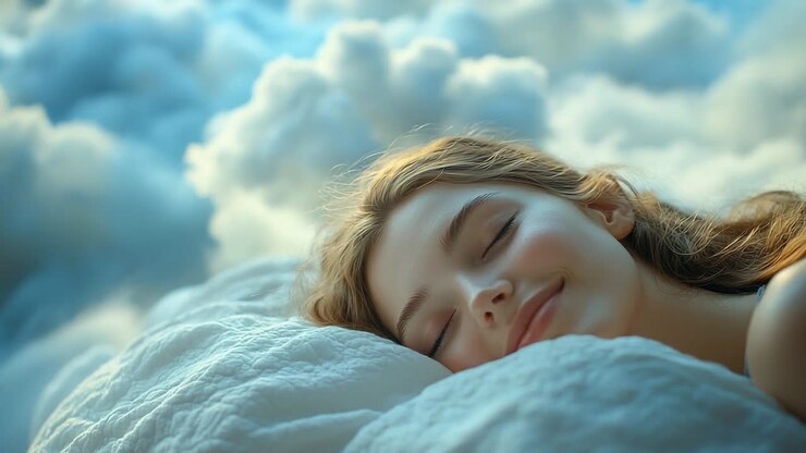 Peaceful dreams in clouds. A young woman lies on fluffy clouds, smiling serenely with her eyes closed, embodying tranquility and joy.