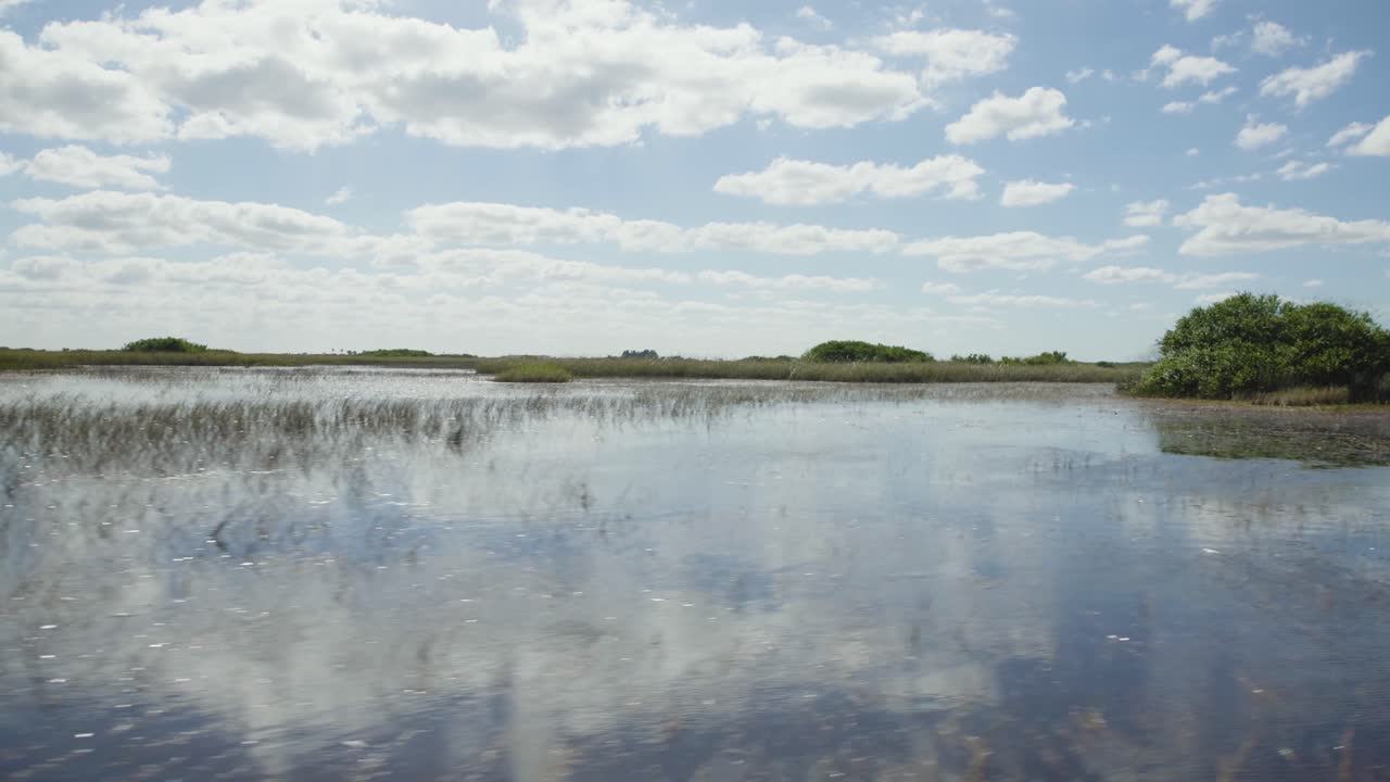 Vídeo a cámara lenta de los Everglades de Florida grabado desde una lancha. Amplias vistas panorámicas de humedales, canales y vegetación tropical desde el nivel del agua