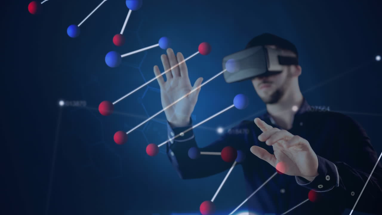 Using virtual reality headset, person interacting with molecular structure animation
