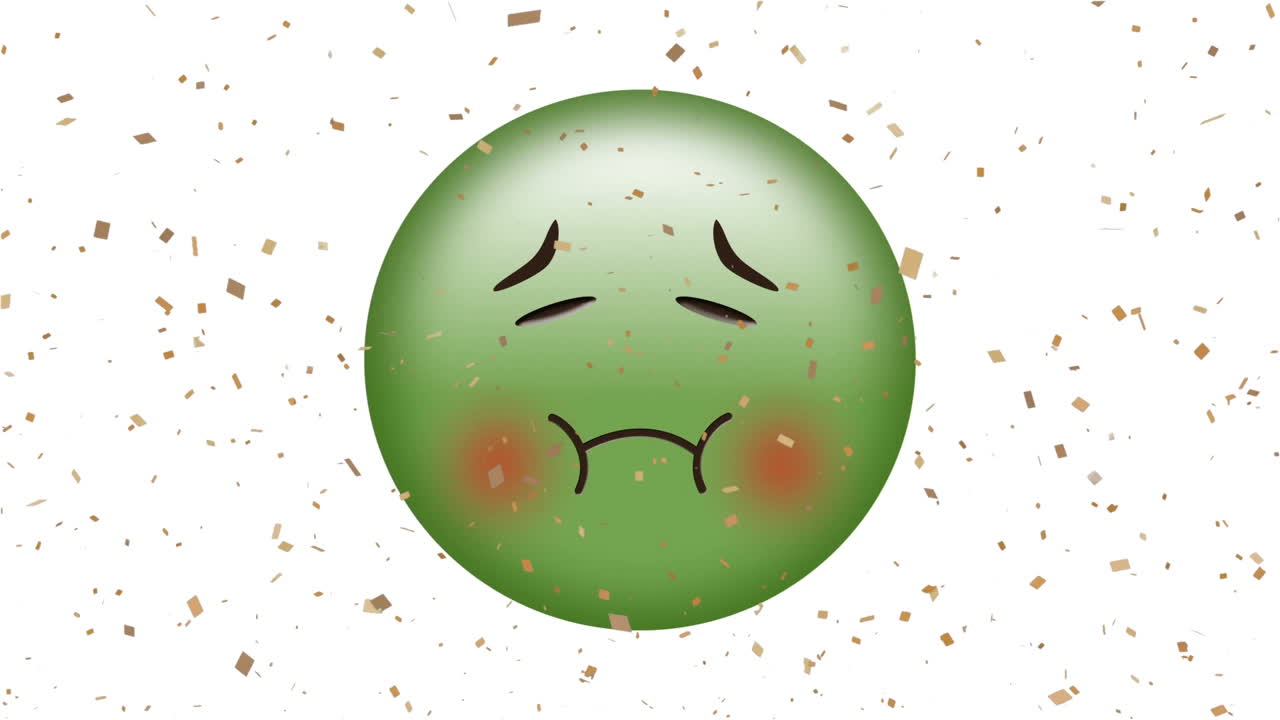 ⁇ 색 배경에 떨어지는 콘페티 위에 아픈 이모지 아이콘의 애니메이션