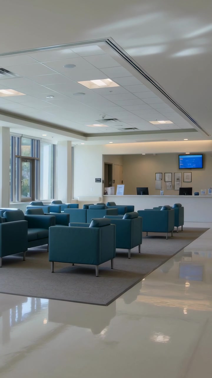 Video verticale: Telecamera panoramica che mostra sedie color verde acqua su tappeto vicino alle finestre in reception con schermo informativo