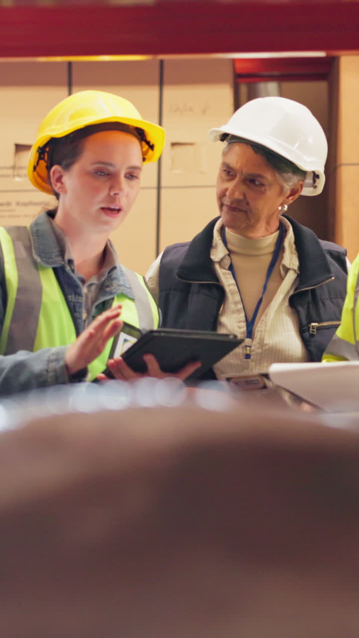 trabajadores del almacén discutiendo el inventario