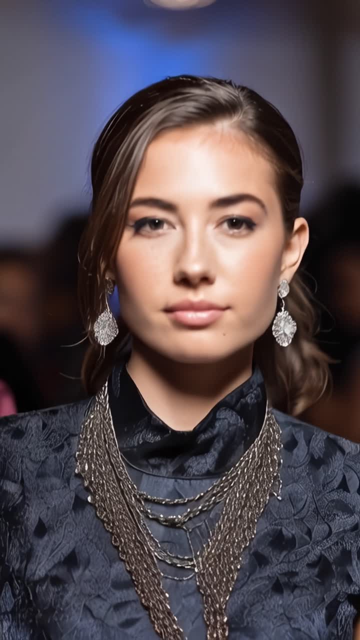 Modella elegante che sfoggia gioielli sbalorditivi in un sofisticato outfit scuro con dettagli intricati e un'acconciatura aggraziata durante un evento di moda glamour.