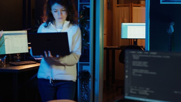 Computer scientist walking at home, developing software using laptop