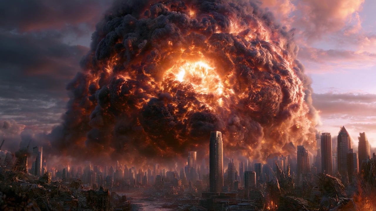 A Catastrophic Apocalypse: The Unfolding of an Explosive Event Over a Desolate Cityscape Amidst the Chaotic Aftermath of Devastation and Ruin