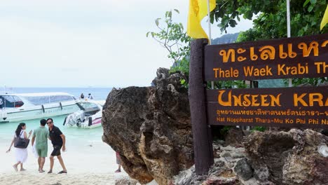 visitors explore beach near tour boats and sign