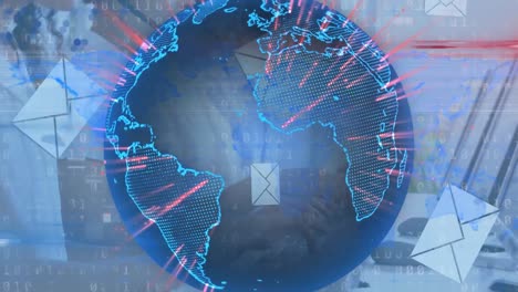 animación del globo y el mapa del mundo con iconos sobre personas de negocios que usan auriculares de teléfono