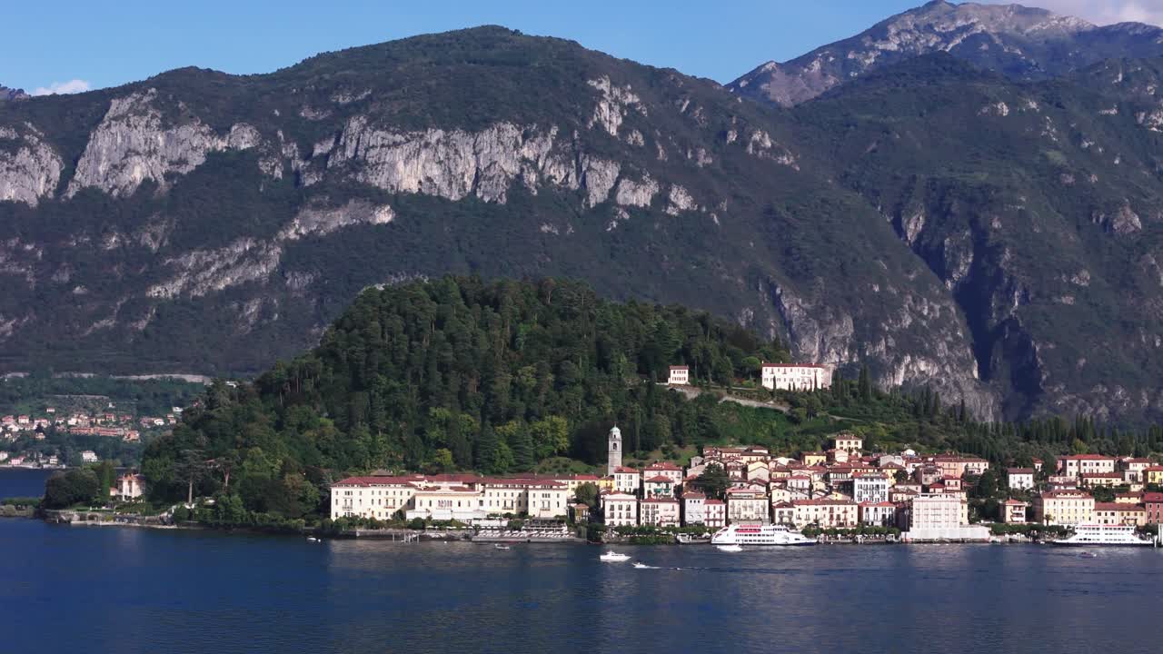 Slowly circling Bellagio at Lake Como with mountains in background, Italy